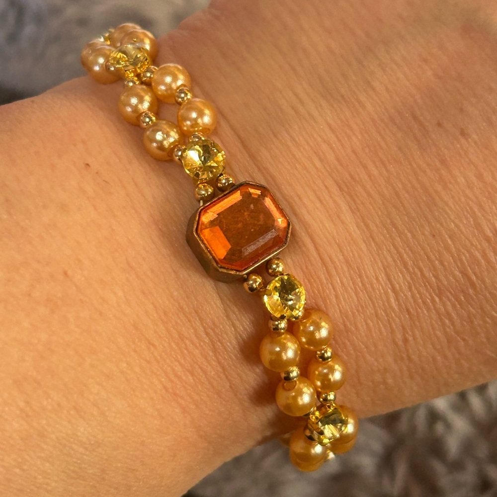 Handcrafted vintage gem citrine dome crystal pearl beaded bracelet